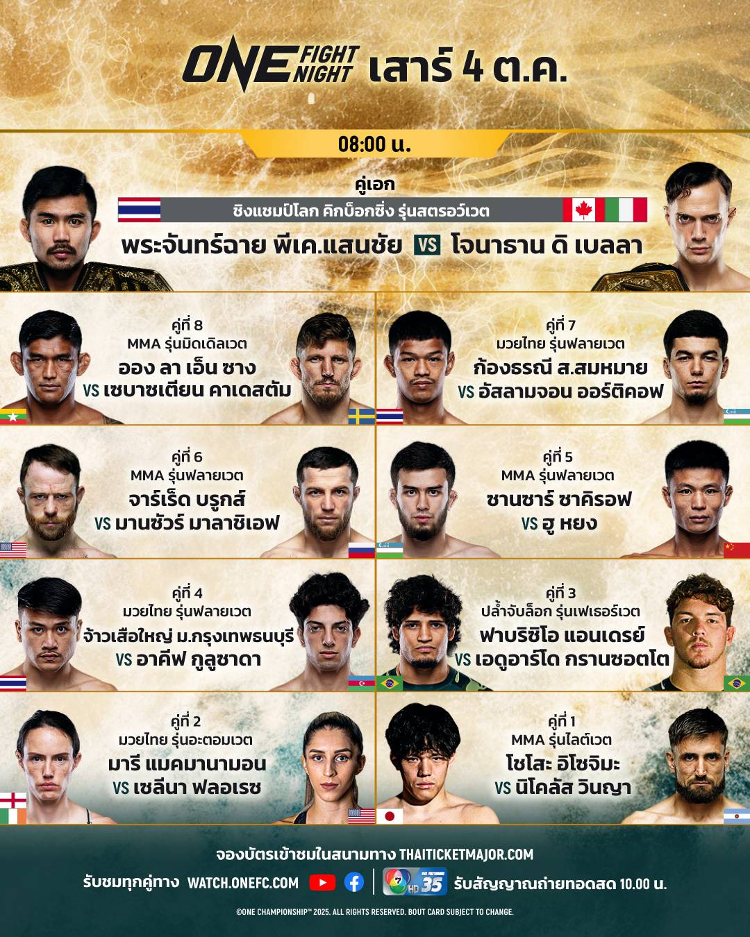 เปิดโปรแกรมเต็ม ศึก ONE Fight Night 36 คู่ฃเอก พระจันทร์ฉาย รวบเข็มขัด ดิ เบลลา
